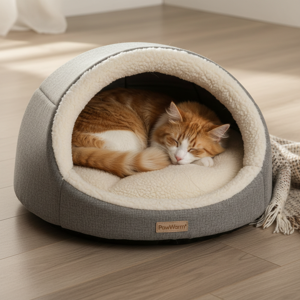 PawWarm round plush hooded cat bed with fluffy cat sleeping inside