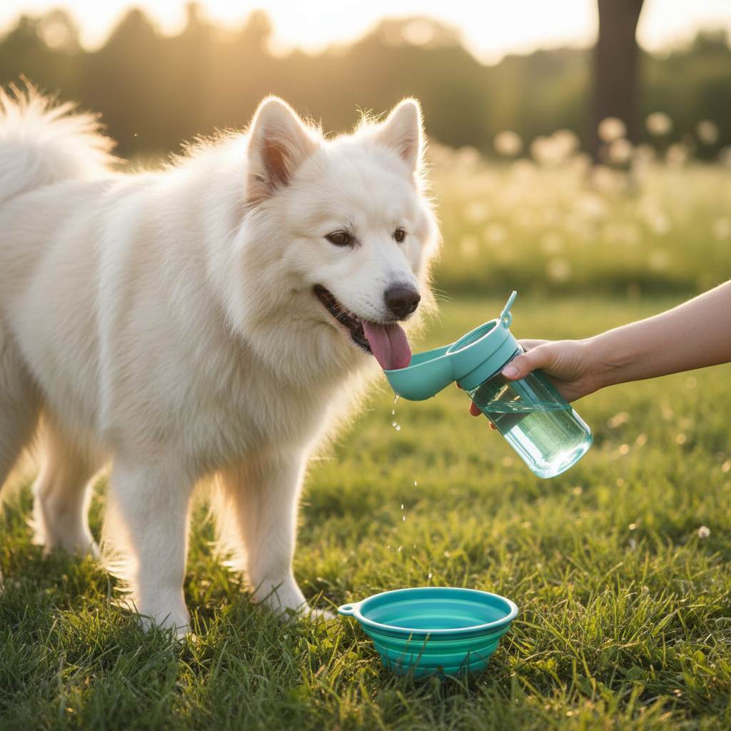 Happy dog drinking from PawSip portable water bottle outdoors with collapsible bowl nearby