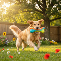 PawWarm tough dog toy with energetic dog in sunny backyard