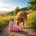 PawWarm hydration bundle on sunny summer hiking trail with dog drinking