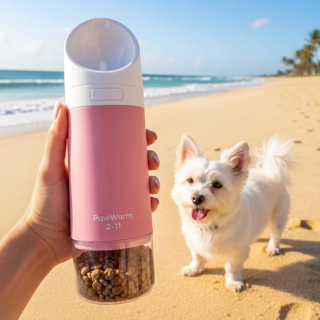 PawWarm 2-in-1 pink pet water bottle on sunny beach with dog