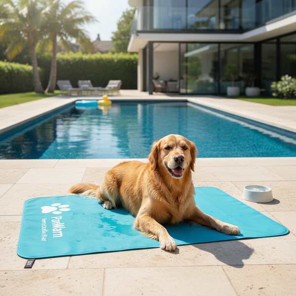 PawWarm cooling mat with golden retriever on sunny poolside patio